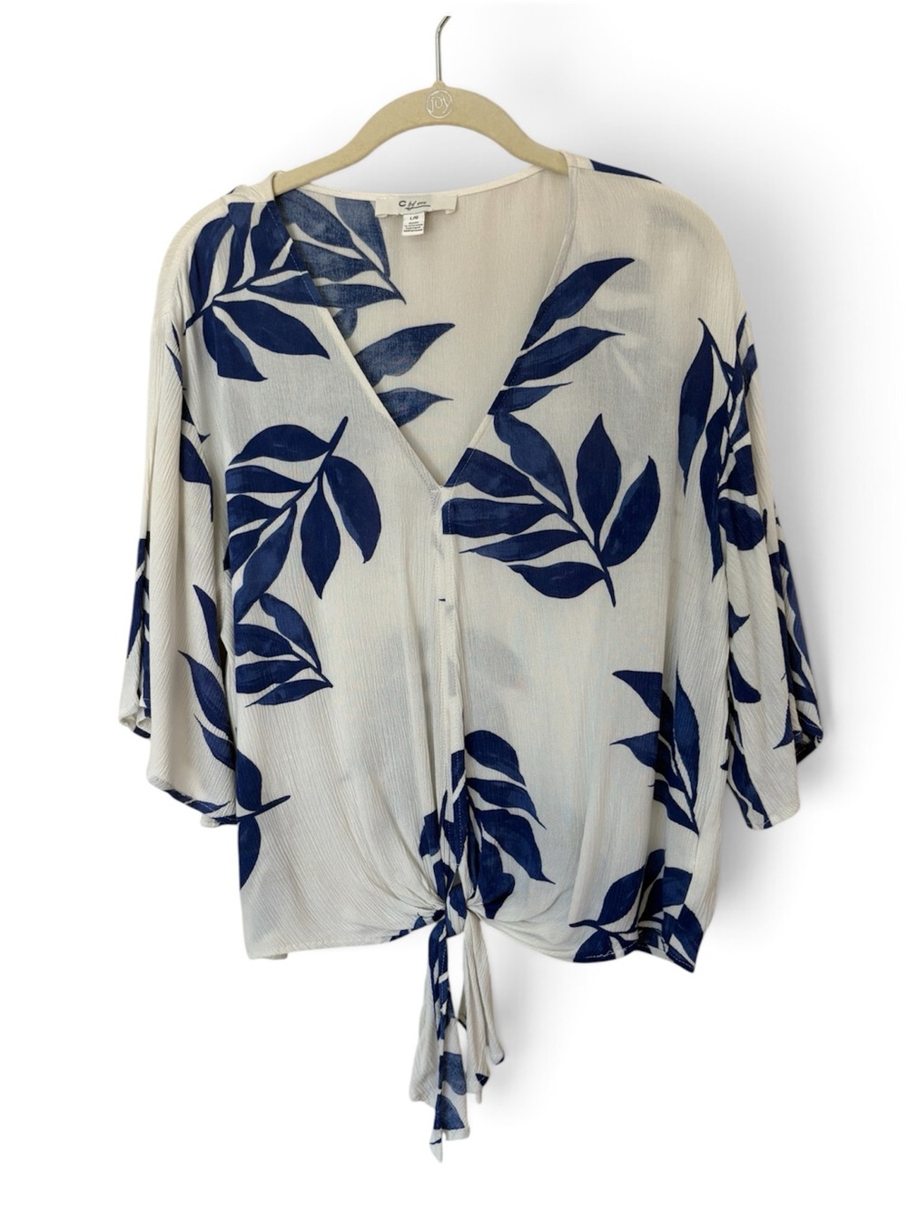 C by One L V-neck leaf-print blouse lightweight tie front kimono sleeves rayon